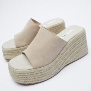 NWT ZARA LIGHT BIEGE SUEDE WEDGE ESPRADRILLES  SANDALS